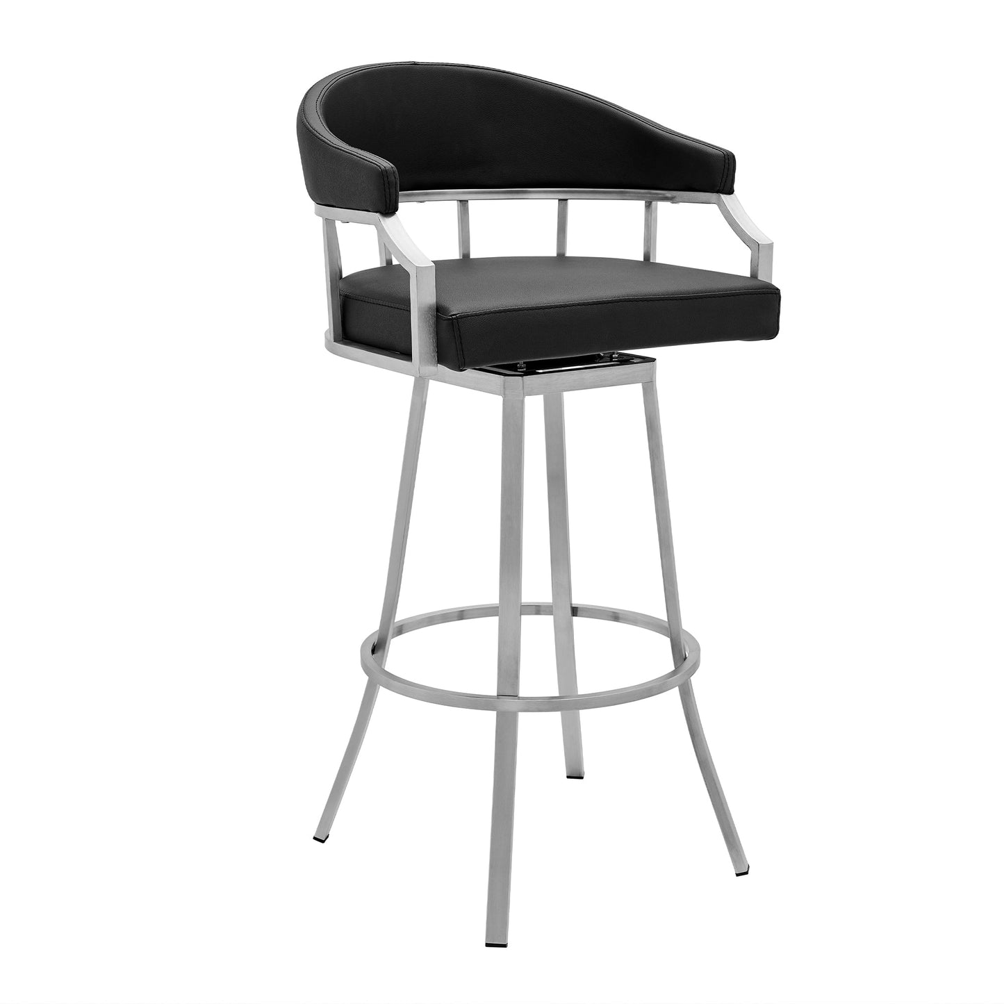 Valerie 26" Counter Height Swivel Modern Black Faux Leather Bar and Counter Stool in Brushed Stainless Steel Finish