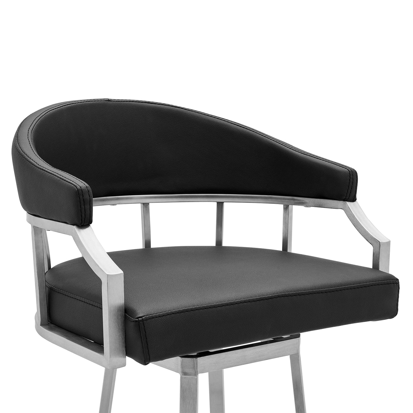 Valerie 30" Bar Height Swivel Modern Black Faux Leather Bar and Counter Stool in Brushed Stainless Steel Finish