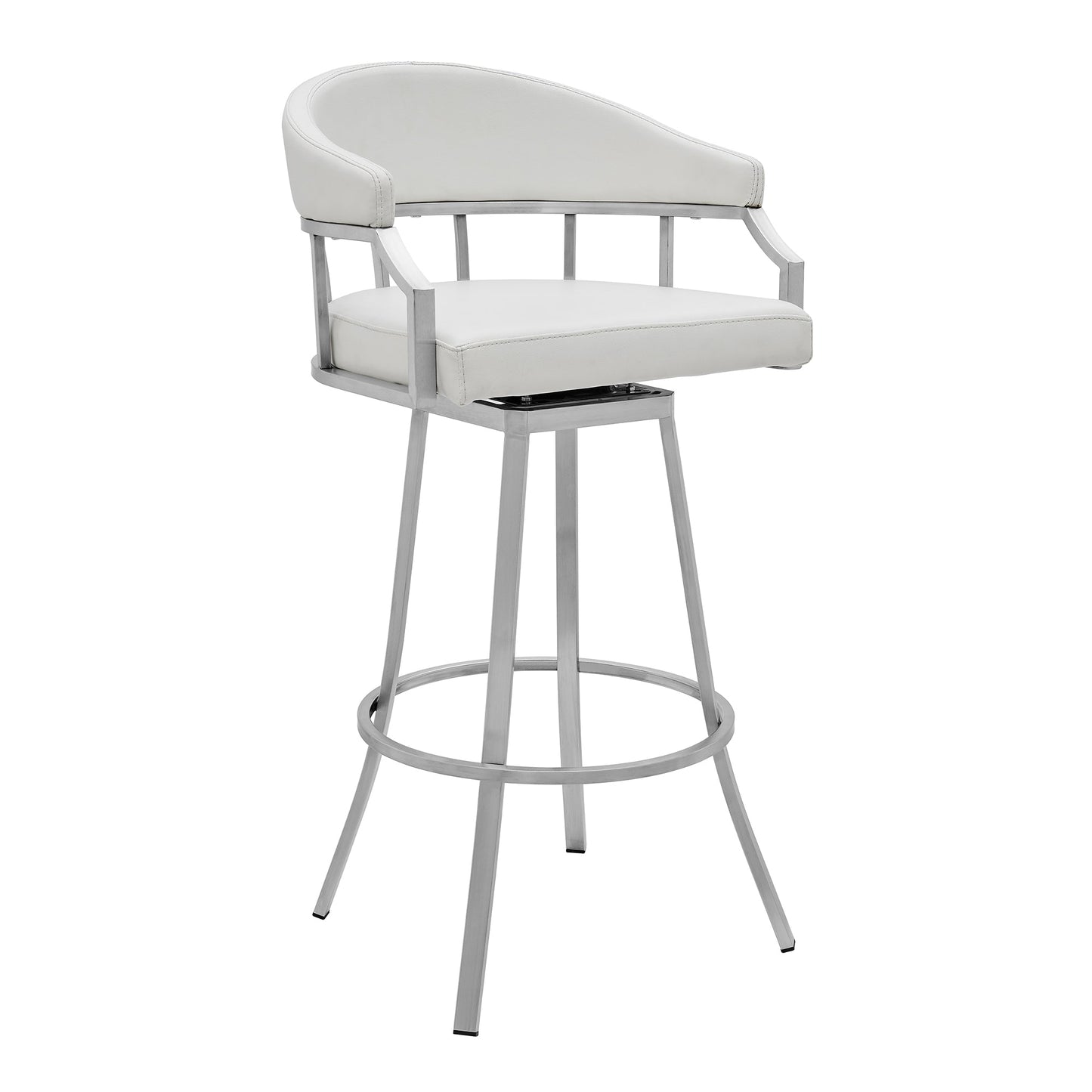 Valerie 26" Counter Height Swivel Modern White Faux Leather Bar and Counter Stool in Brushed Stainless Steel Finish