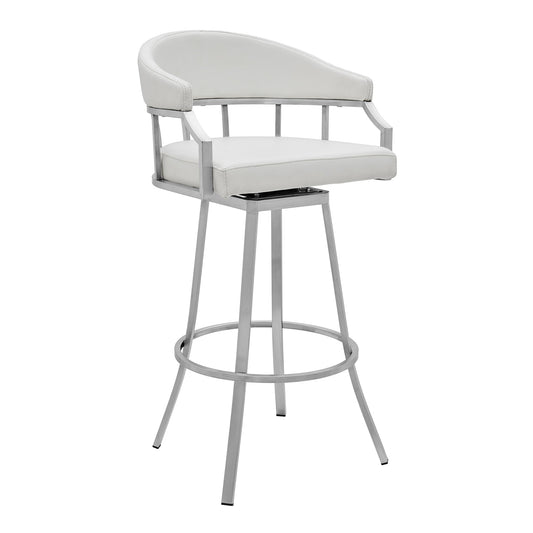 Valerie 26" Counter Height Swivel Modern White Faux Leather Bar and Counter Stool in Brushed Stainless Steel Finish