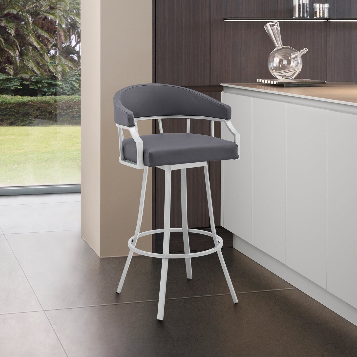 Valerie 26" Swivel Slate Gray Faux Leather and Silver Metal Bar Stool