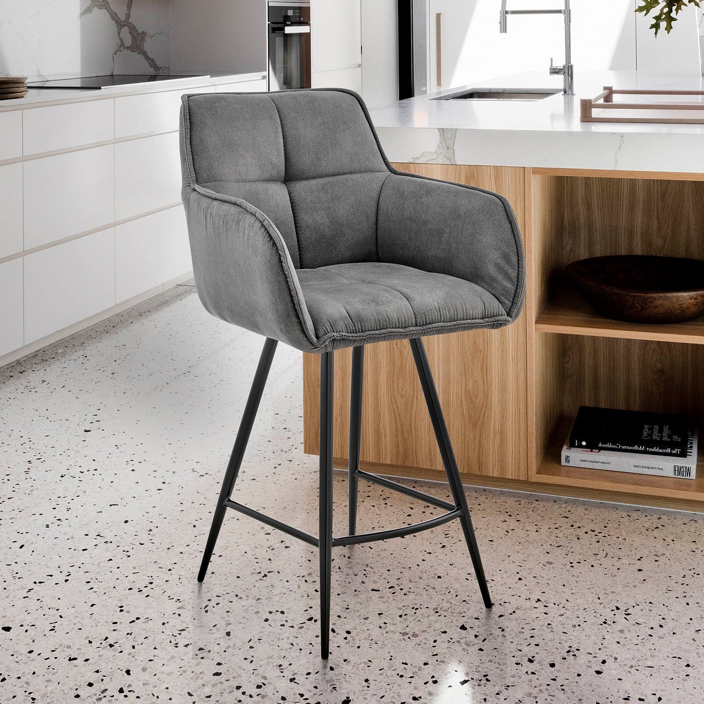 Verona 26" Counter Height Bar Stool in Charcoal Fabric and Black Finish