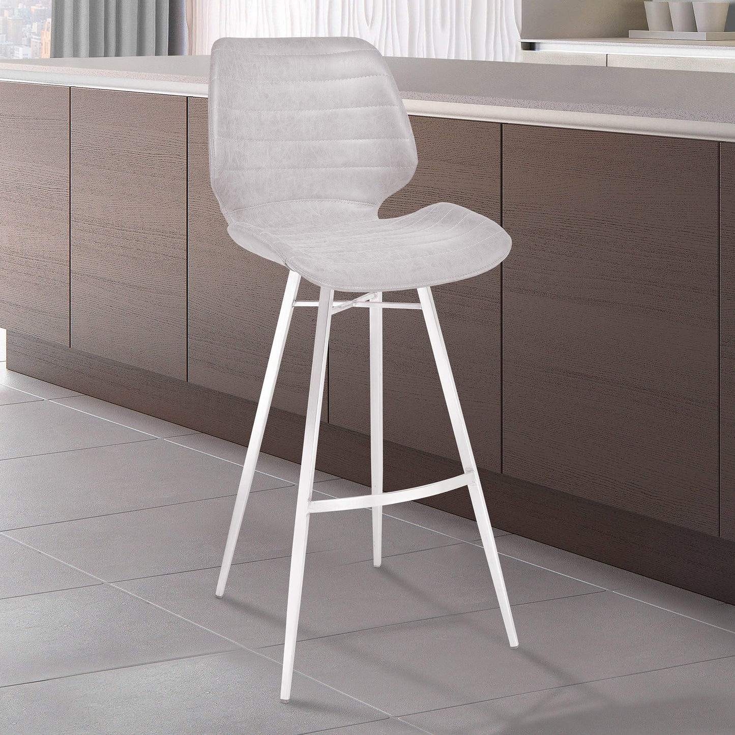 Valor 30" Bar Height Barstool in Brushed Stainless Steel with Light Vintage Gray Faux Leather