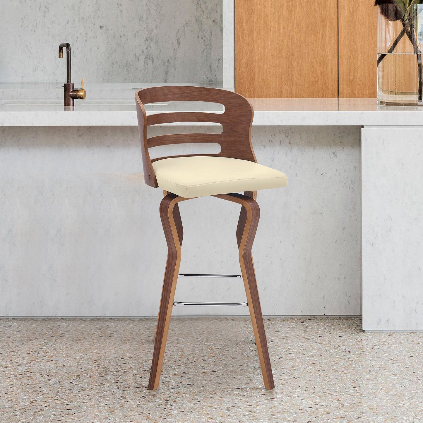 Verne 26" Swivel Cream Faux Leather and Walnut Wood Bar Stool