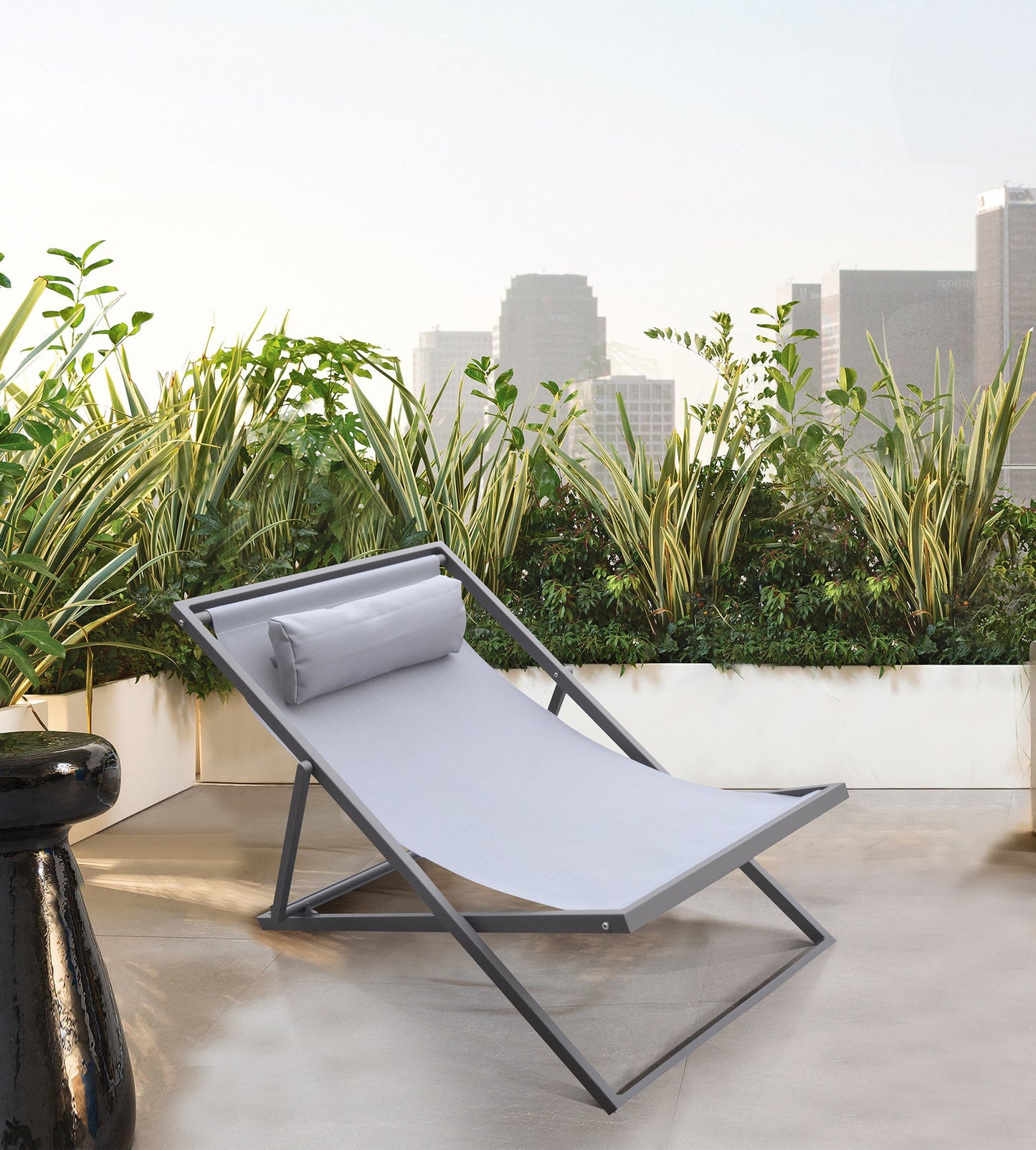 Wave Outdoor Patio Aluminum Deck Chair in Gray Powder Coated Finish with Gray Sling Textilene