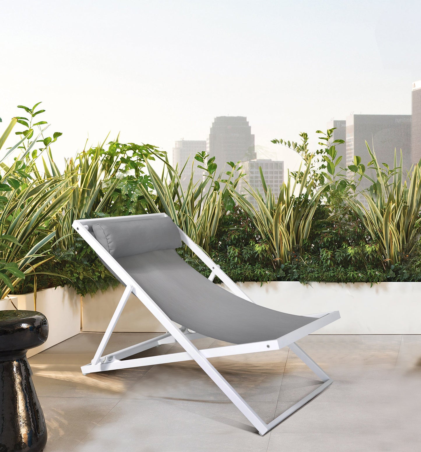 Wave Outdoor Patio Aluminum Deck Chair in White Powder Coated Finish with Gray Sling Textilene