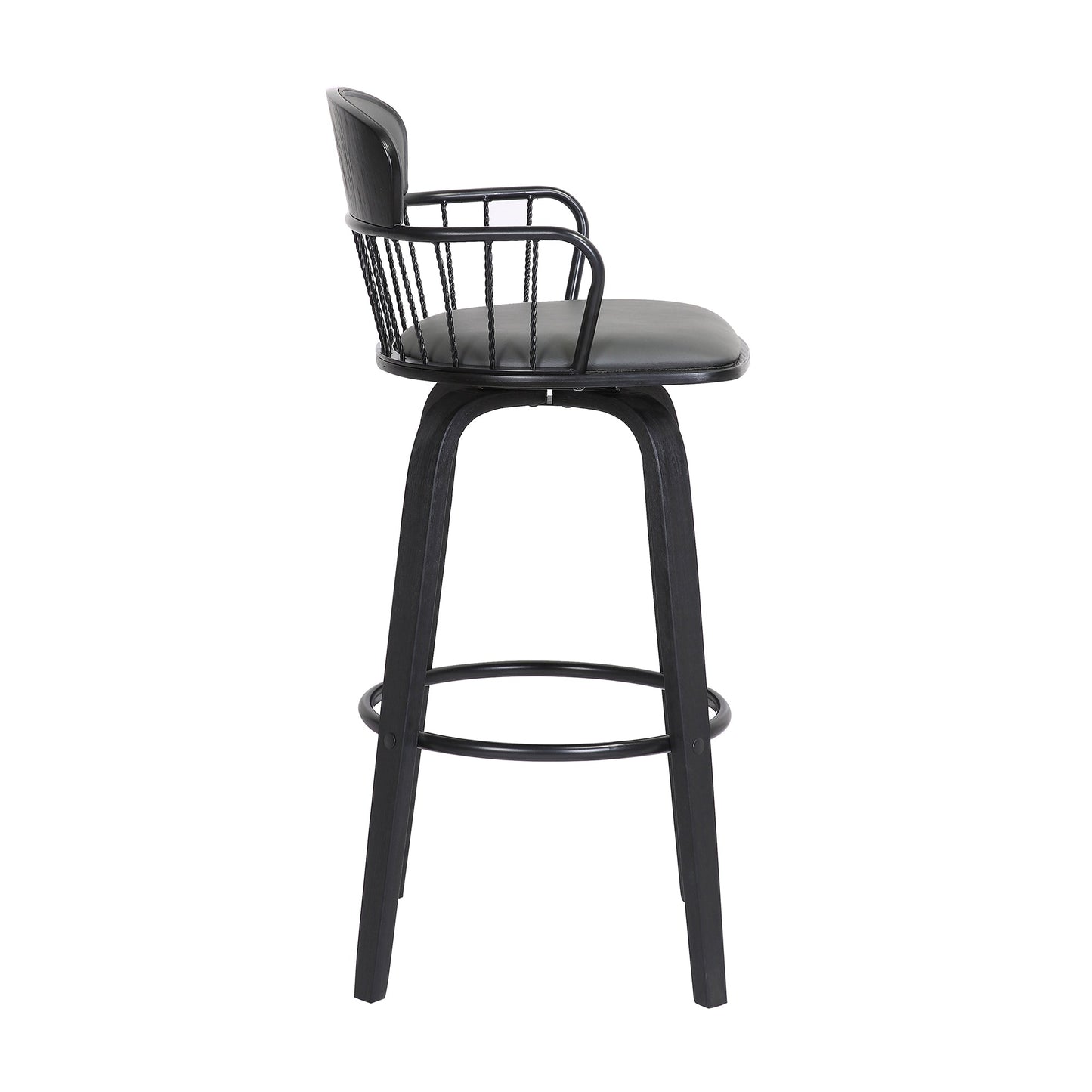 Willow 25.5" Swivel Black Wood Counter Stool in Gray Faux Leather with Black Metal