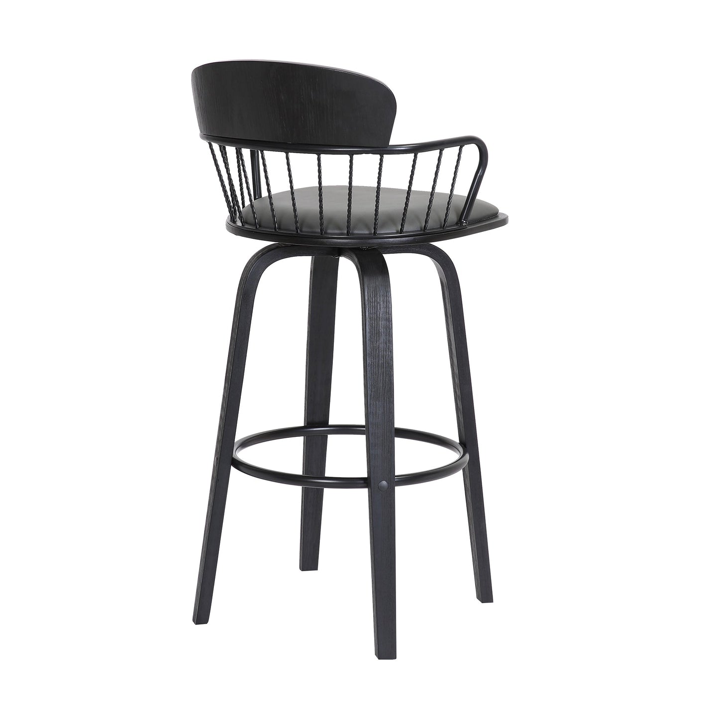 Willow 25.5" Swivel Black Wood Counter Stool in Gray Faux Leather with Black Metal