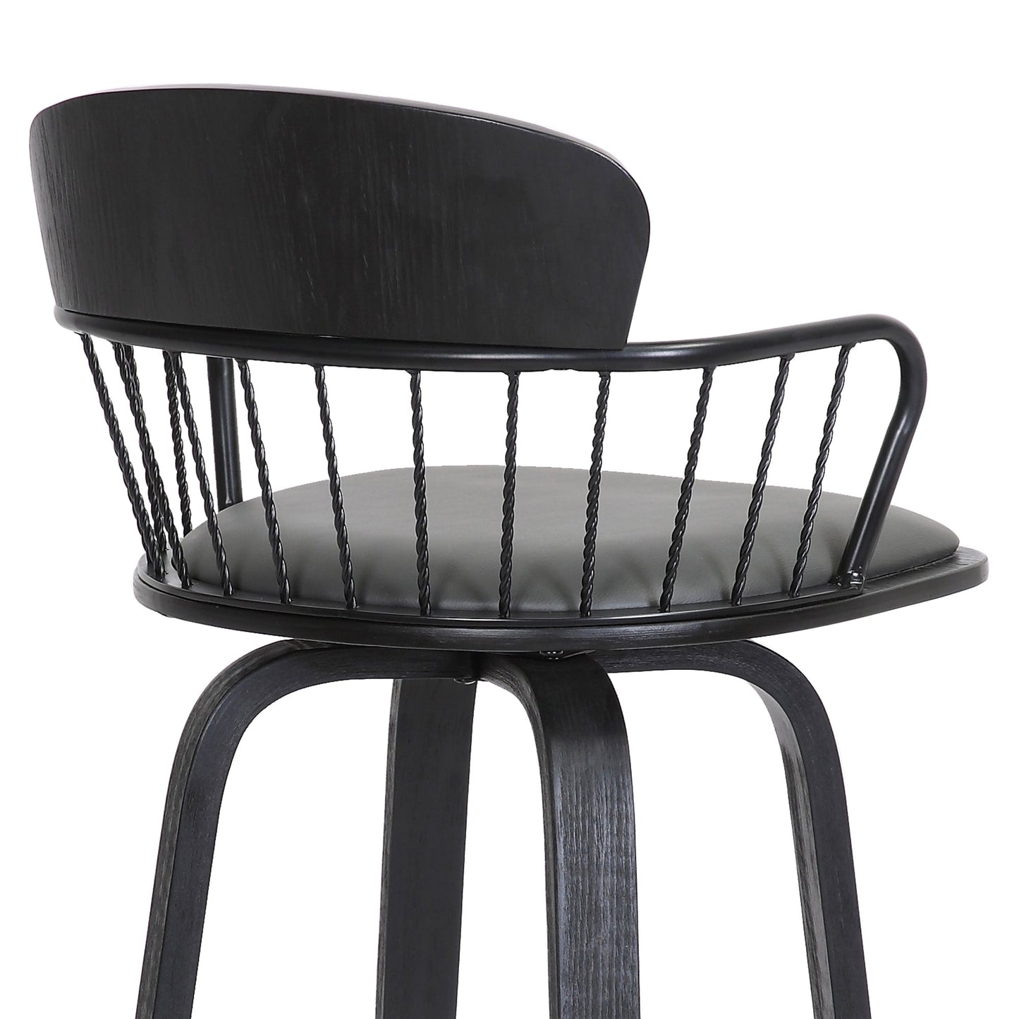 Willow 25.5" Swivel Black Wood Counter Stool in Gray Faux Leather with Black Metal