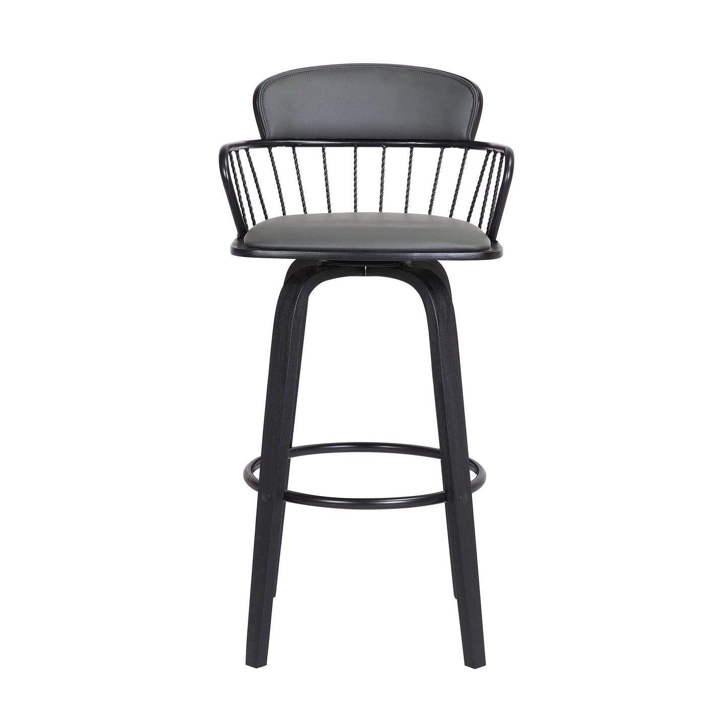 Willow 30" Swivel Black Wood Bar Stool in Gray Faux Leather with Black Metal