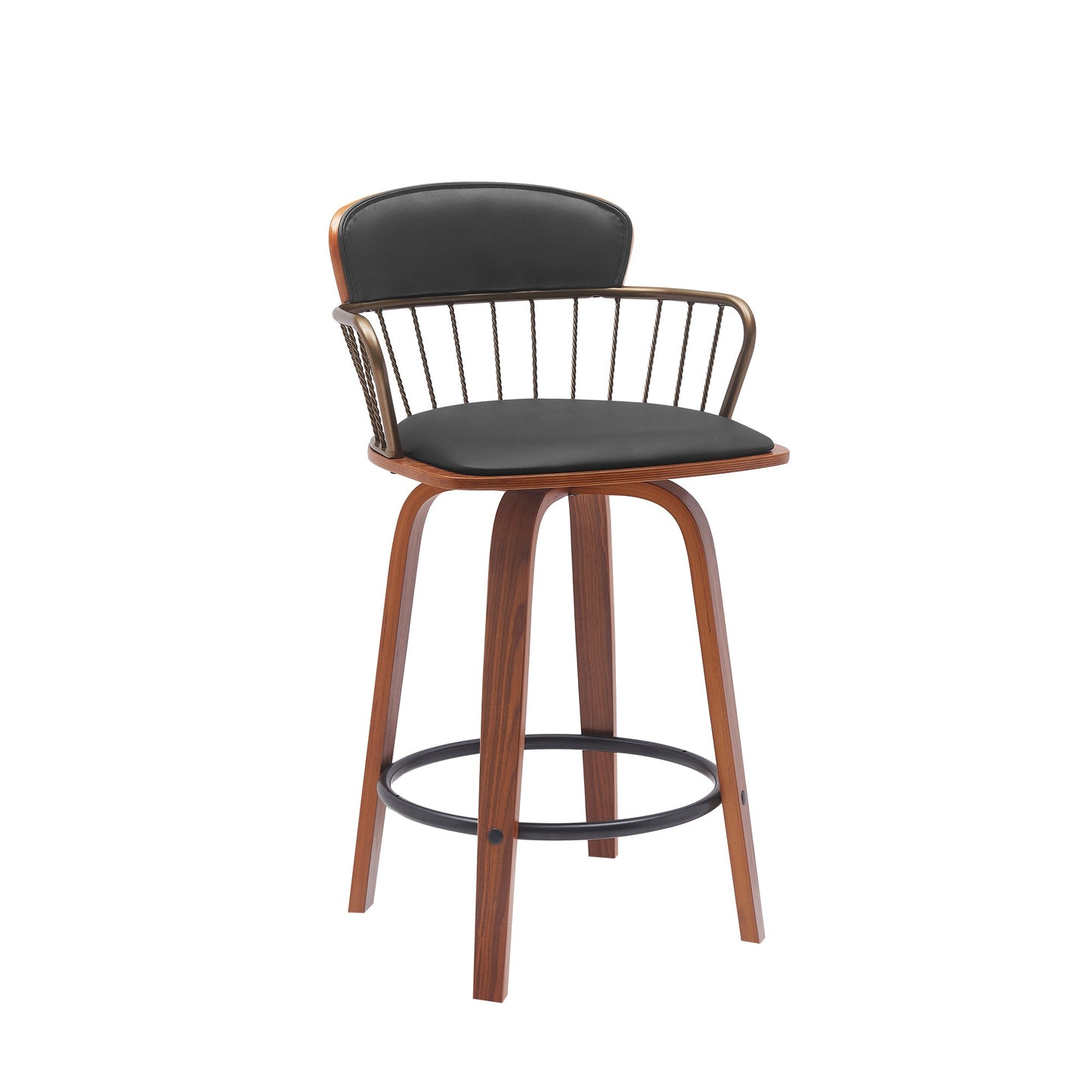 Willow 25.5" Swivel Walnut Wood Counter Stool in Black Faux Leather with Golden Bronze Metal