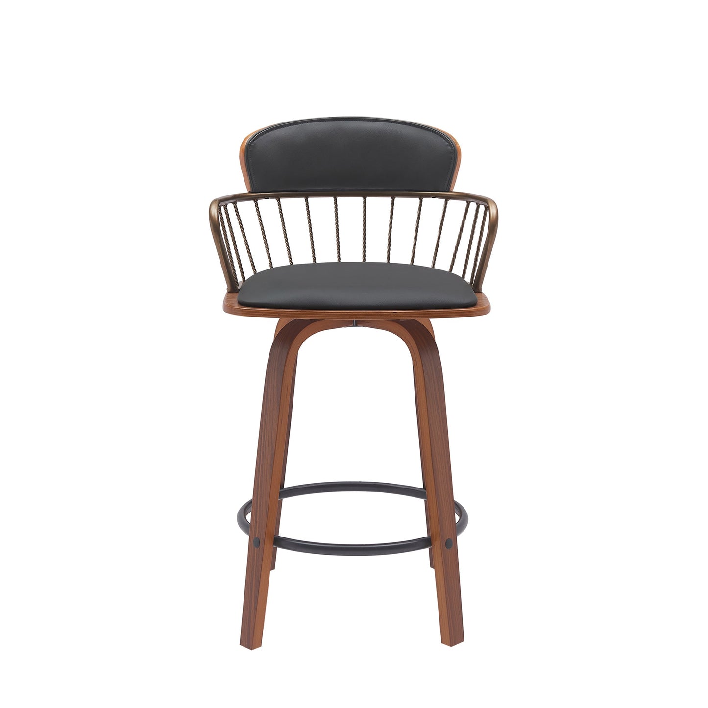 Willow 25.5" Swivel Walnut Wood Counter Stool in Black Faux Leather with Golden Bronze Metal