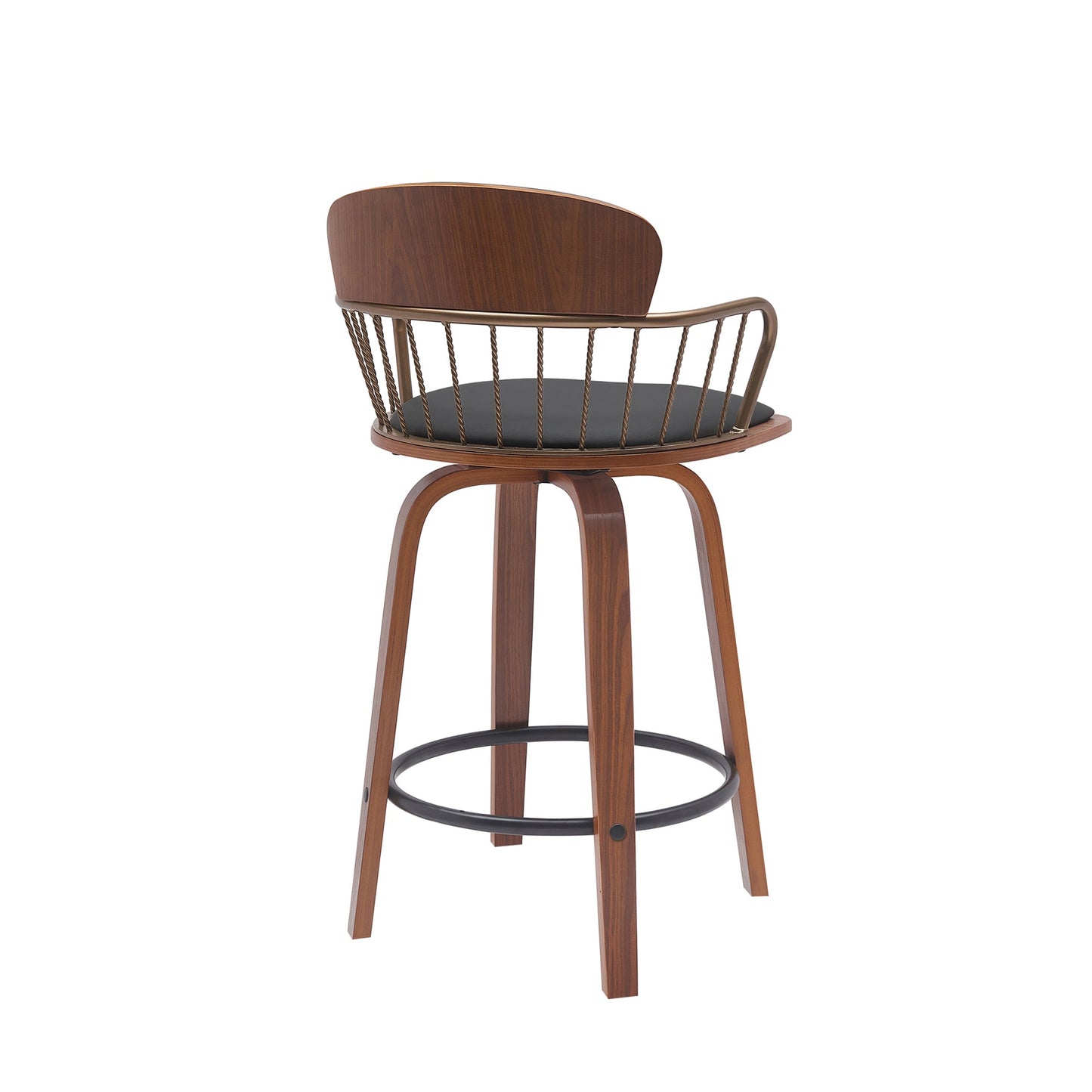 Willow 25.5" Swivel Walnut Wood Counter Stool in Black Faux Leather with Golden Bronze Metal