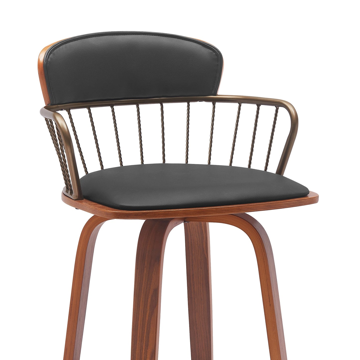 Willow 25.5" Swivel Walnut Wood Counter Stool in Black Faux Leather with Golden Bronze Metal