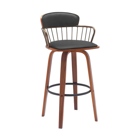 Willow 30" Swivel Walnut Wood Bar Stool in Black Faux Leather with Golden Bronze Metal