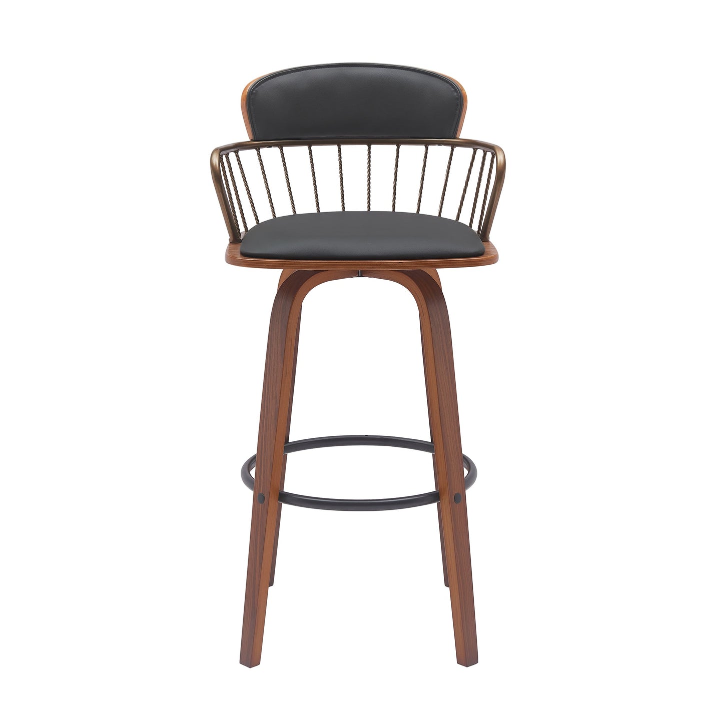 Willow 30" Swivel Walnut Wood Bar Stool in Black Faux Leather with Golden Bronze Metal