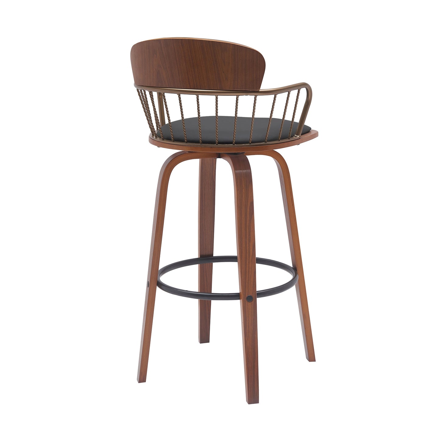 Willow 30" Swivel Walnut Wood Bar Stool in Black Faux Leather with Golden Bronze Metal