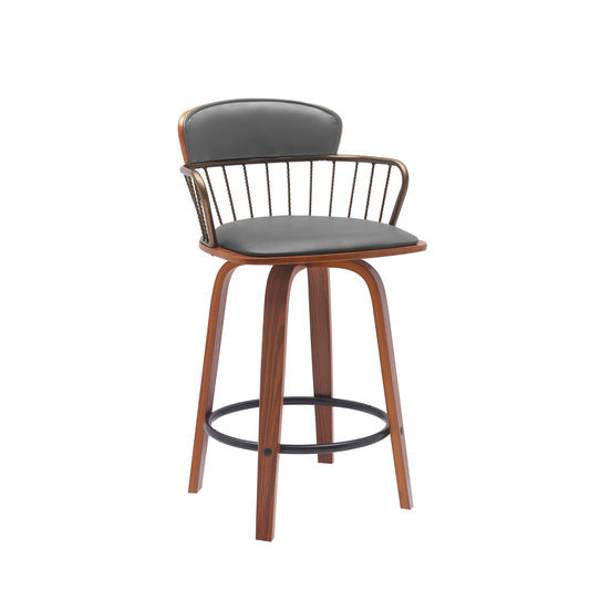 Willow 25.5" Swivel Walnut Wood Counter Stool in Gray Faux Leather with Golden Bronze Metal