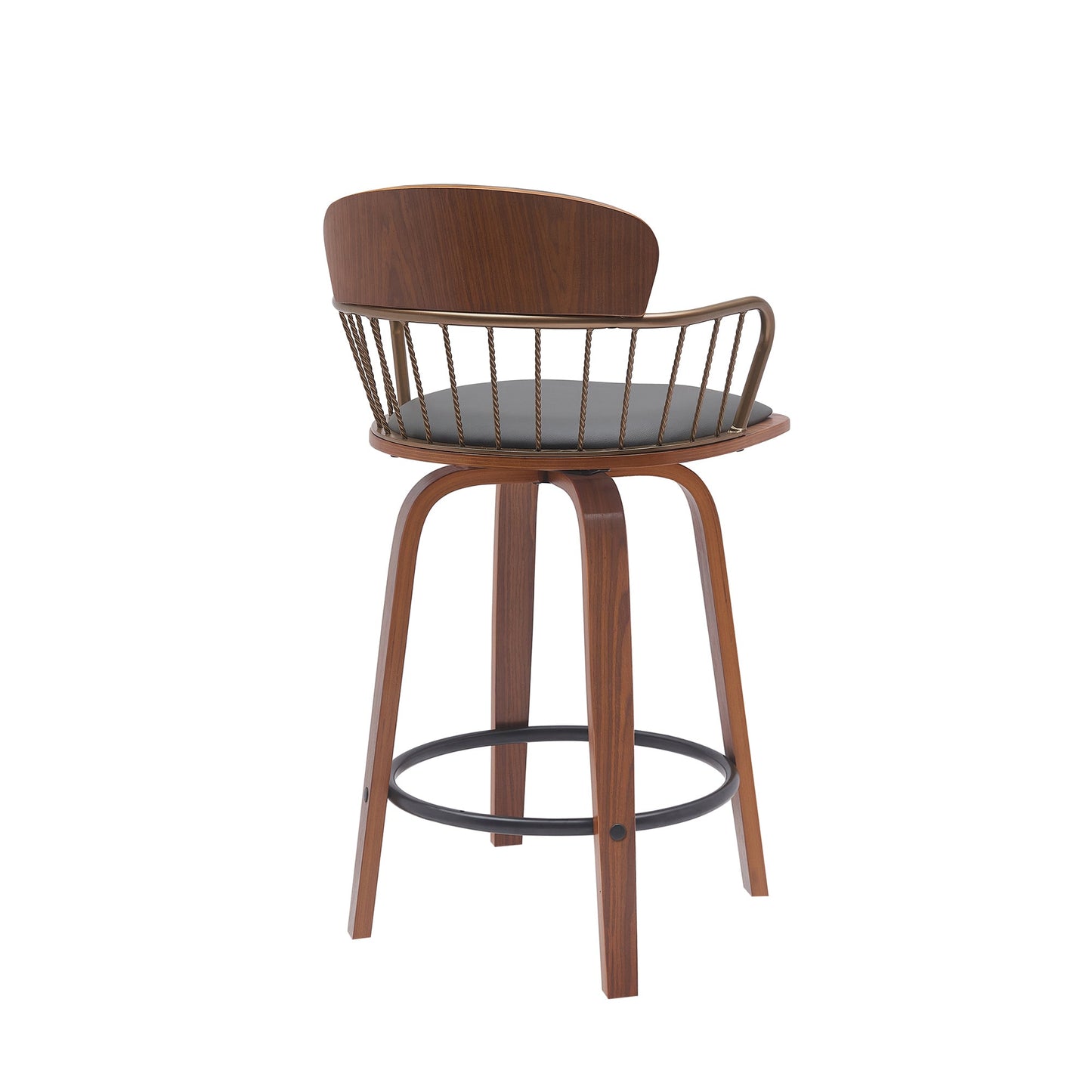 Willow 25.5" Swivel Walnut Wood Counter Stool in Gray Faux Leather with Golden Bronze Metal