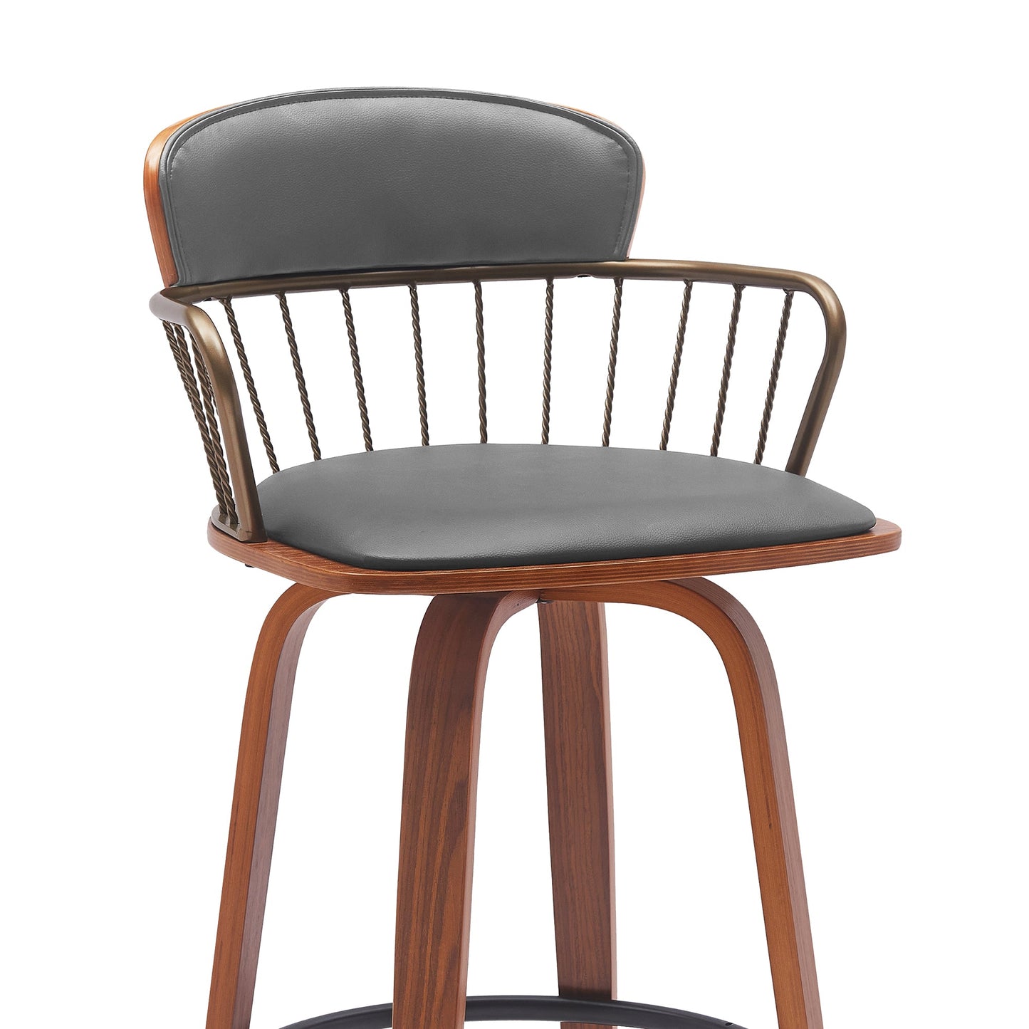 Willow 25.5" Swivel Walnut Wood Counter Stool in Gray Faux Leather with Golden Bronze Metal