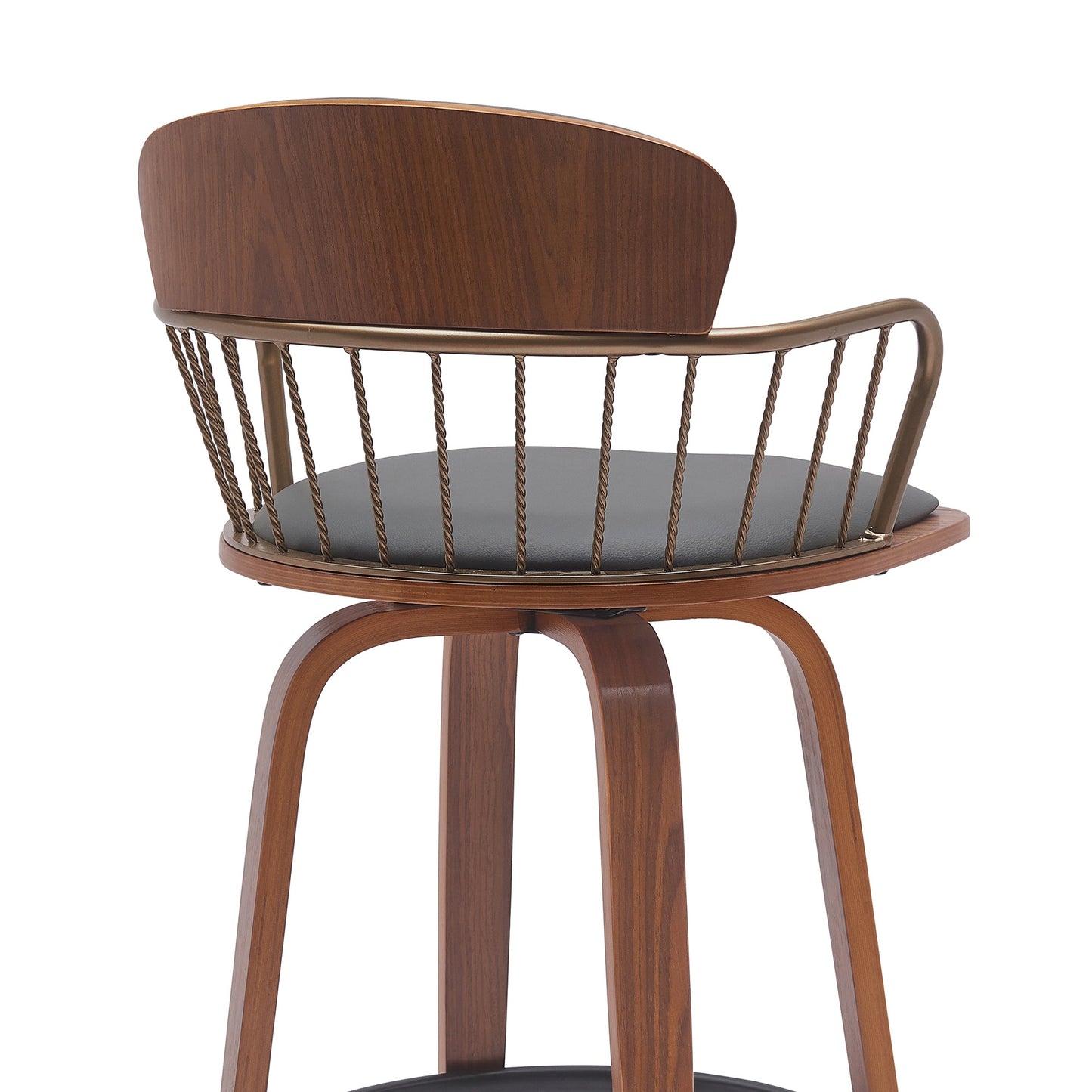 Willow 25.5" Swivel Walnut Wood Counter Stool in Gray Faux Leather with Golden Bronze Metal