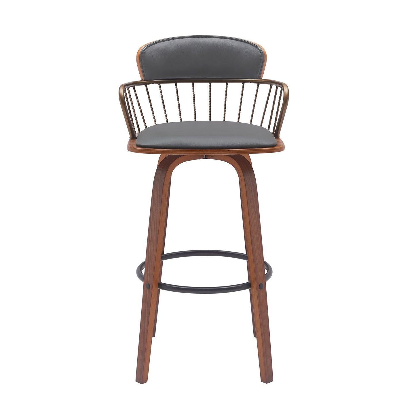 Willow 30" Swivel Walnut Wood Bar Stool in Gray Faux Leather with Golden Bronze Metal