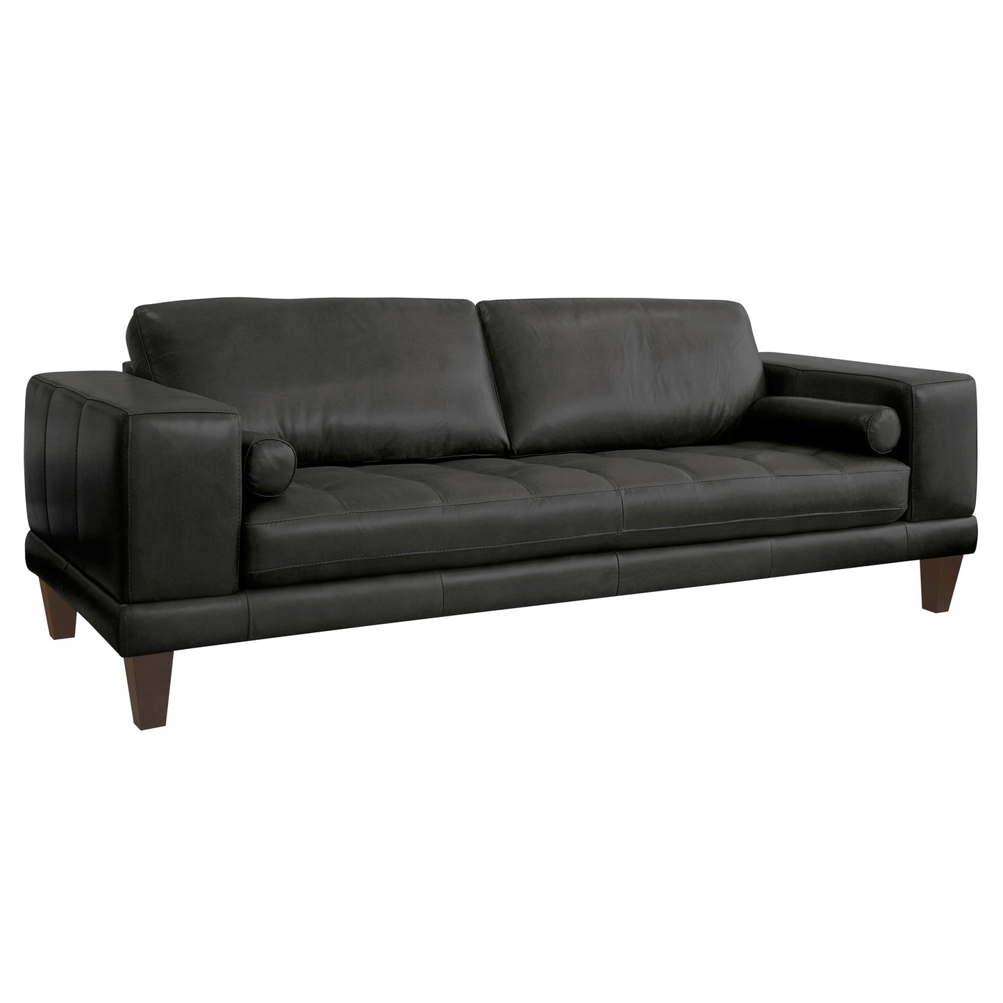 Wynne Contemporary Sofa in Genuine Black Leather with Brown Wood Legs