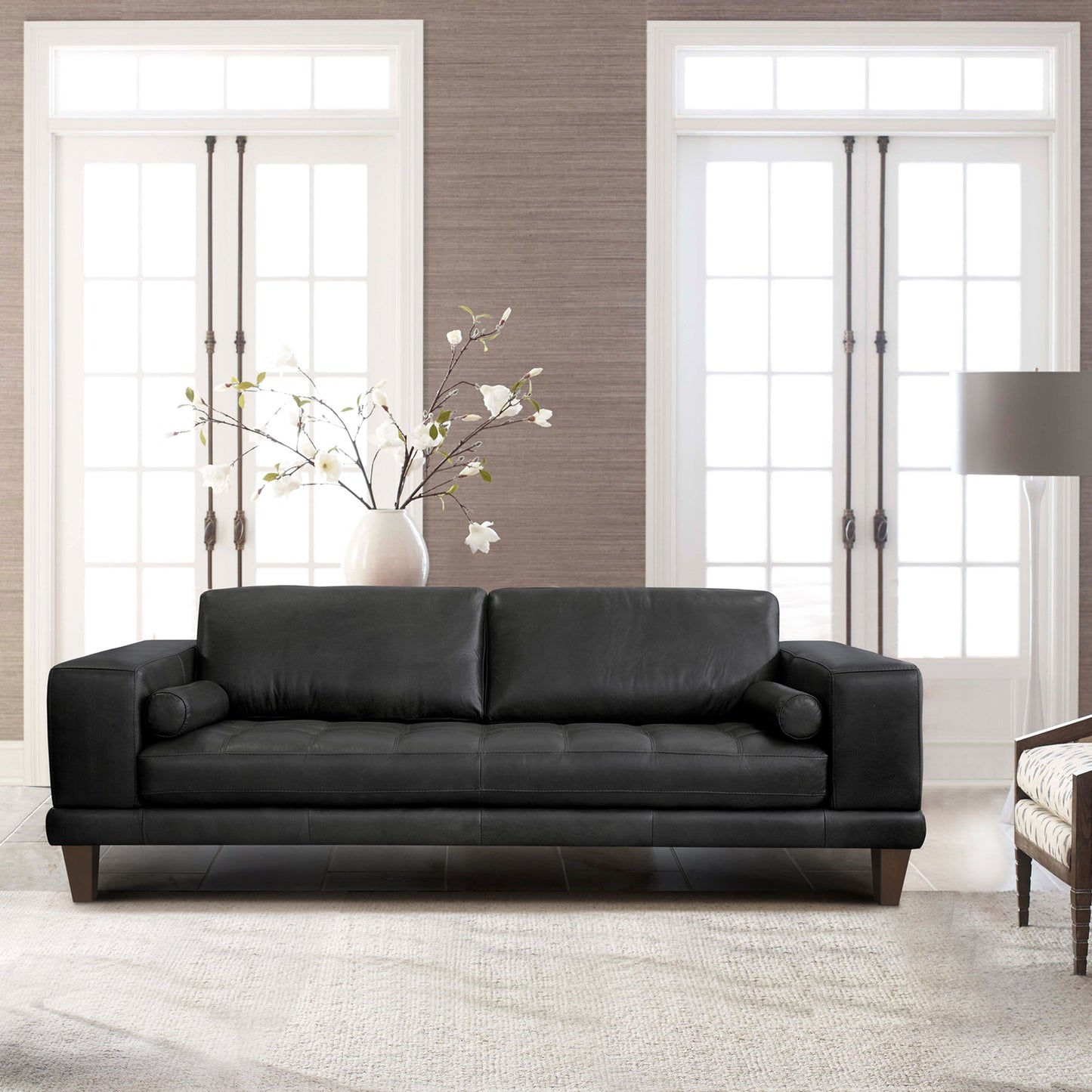 Wynne Contemporary Sofa in Genuine Black Leather with Brown Wood Legs