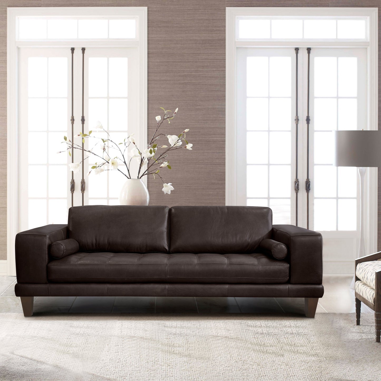 Wynne Contemporary Sofa in Genuine Espresso Leather with Brown Wood Legs