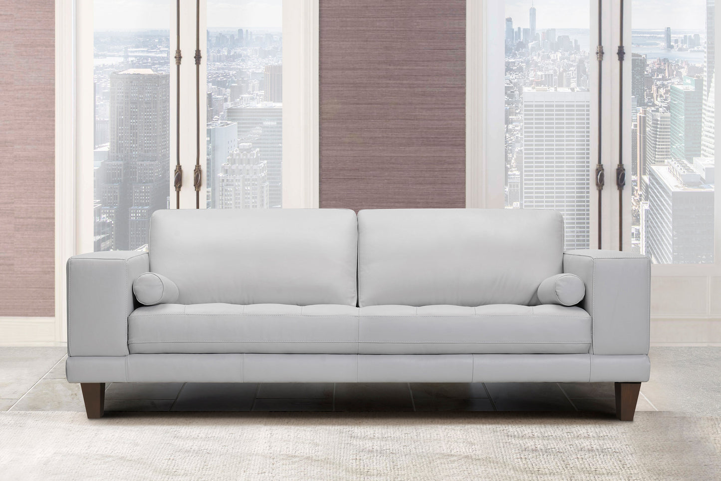 Wynne Contemporary Sofa in Genuine Dove Gray Leather with Brown Wood Legs