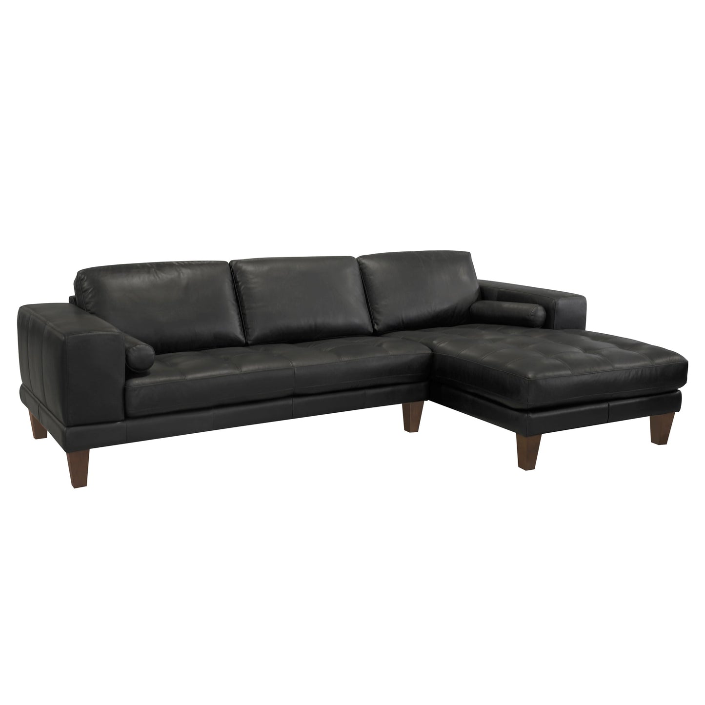 Wynne Contemporary Sectional in Genuine Black Leather with Brown Wood Legs