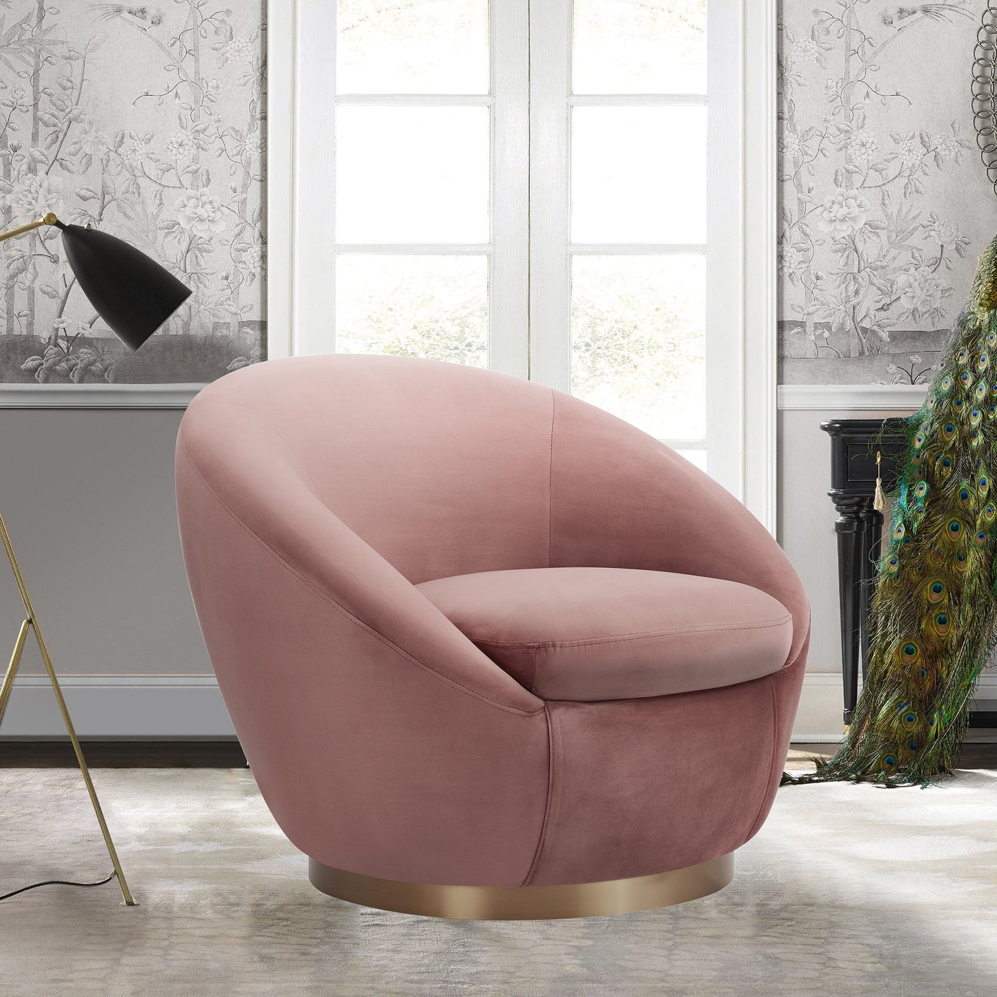 Yves Blush Velvet Swivel Accent Chair with Gold Base