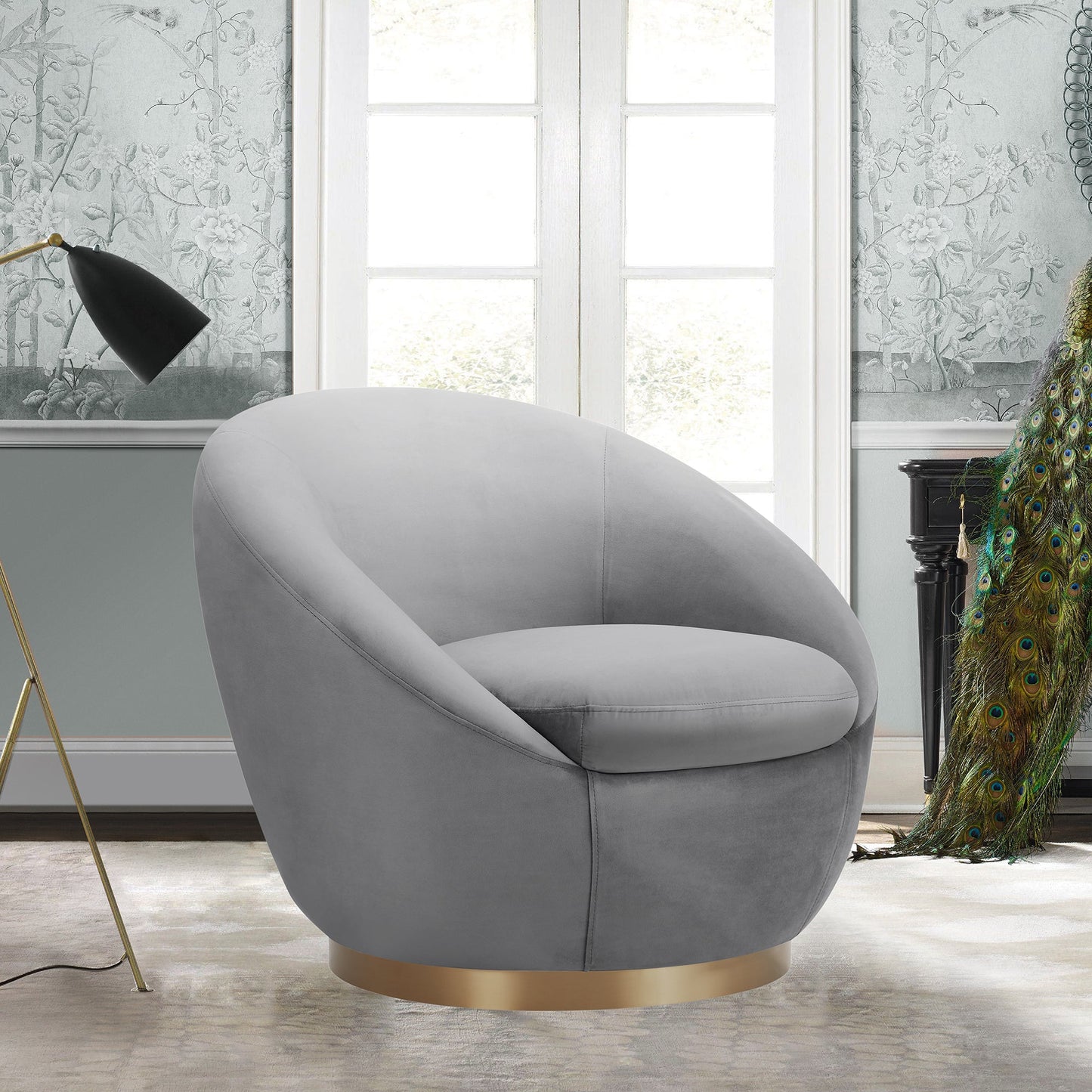 Yves Gray Velvet Swivel Accent Chair with Gold Base