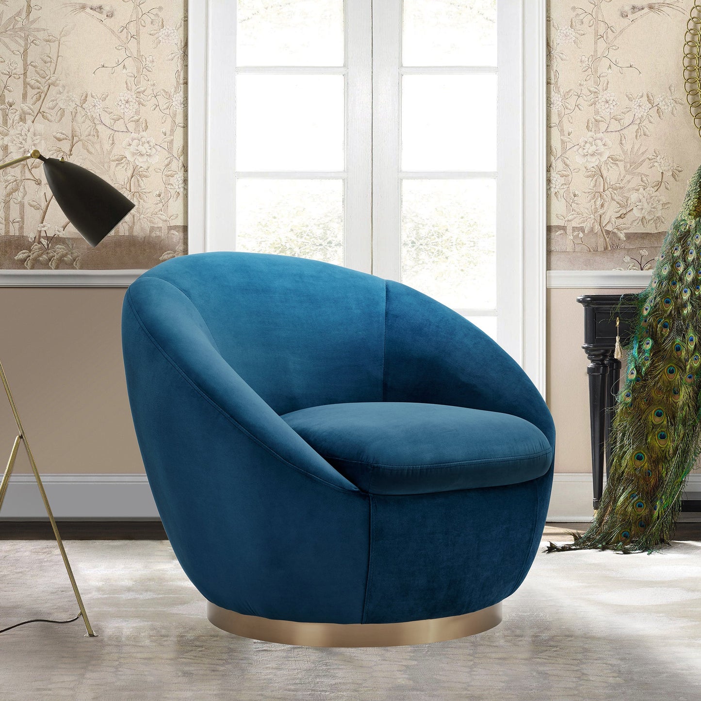 Yves Navy Velvet Swivel Accent Chair with Gold Base