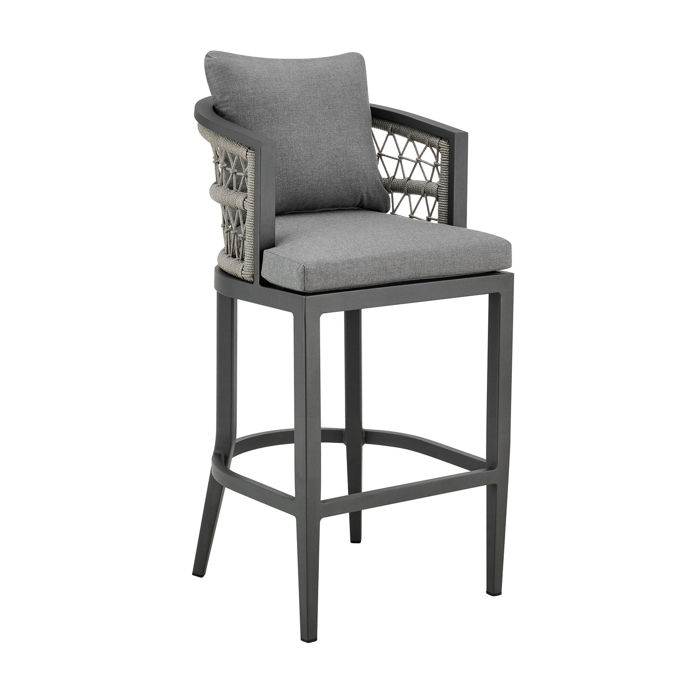 Zella Outdoor Patio Counter Stool in Aluminum with Light Gray Rope and Earl Gray Cushions