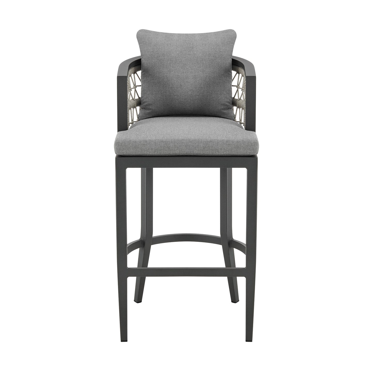 Zella Outdoor Patio Counter Stool in Aluminum with Light Gray Rope and Earl Gray Cushions