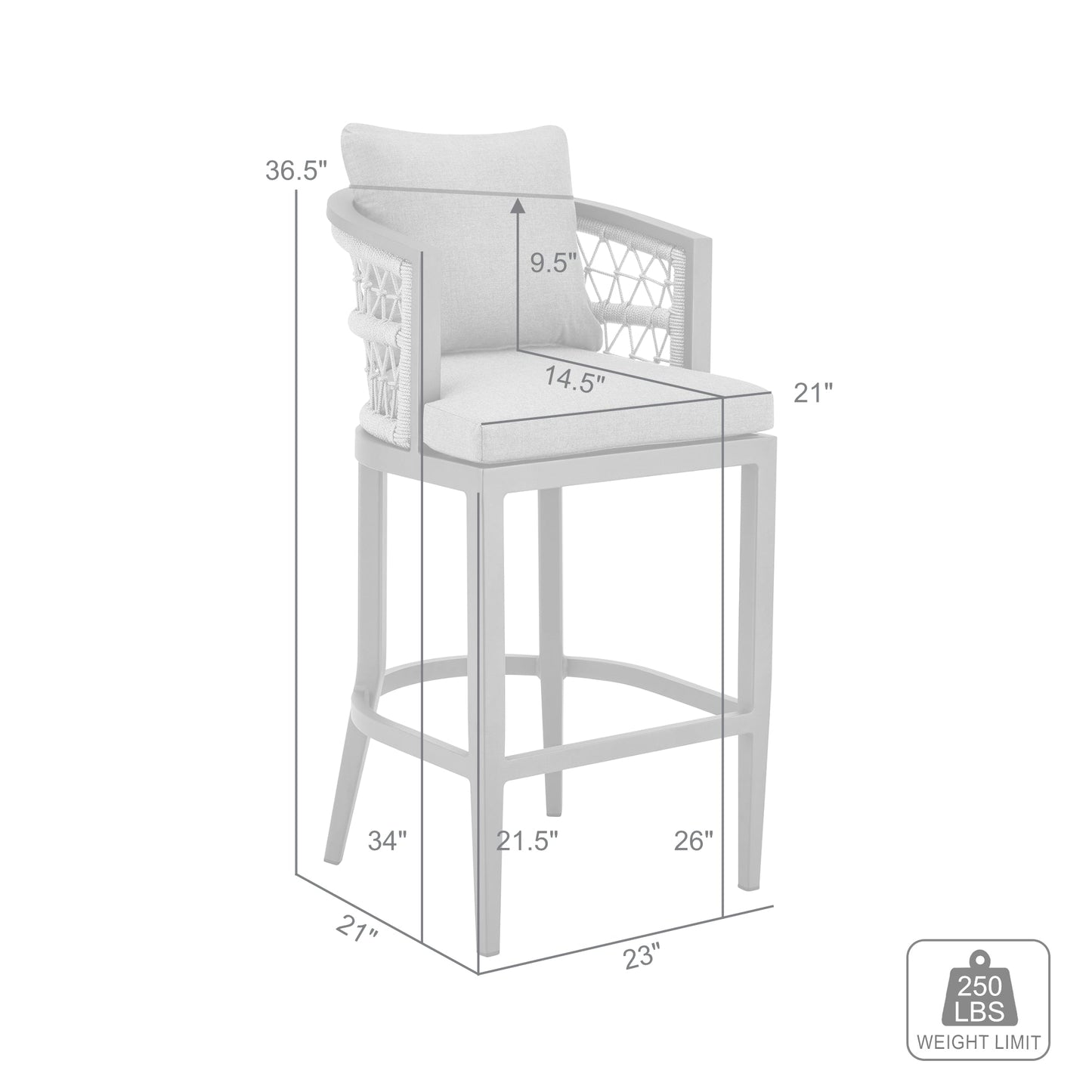 Zella Outdoor Patio Counter Stool in Aluminum with Light Gray Rope and Earl Gray Cushions