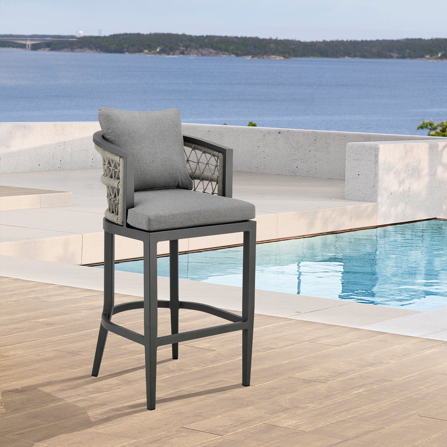 Zella Outdoor Patio Counter Stool in Aluminum with Light Gray Rope and Earl Gray Cushions