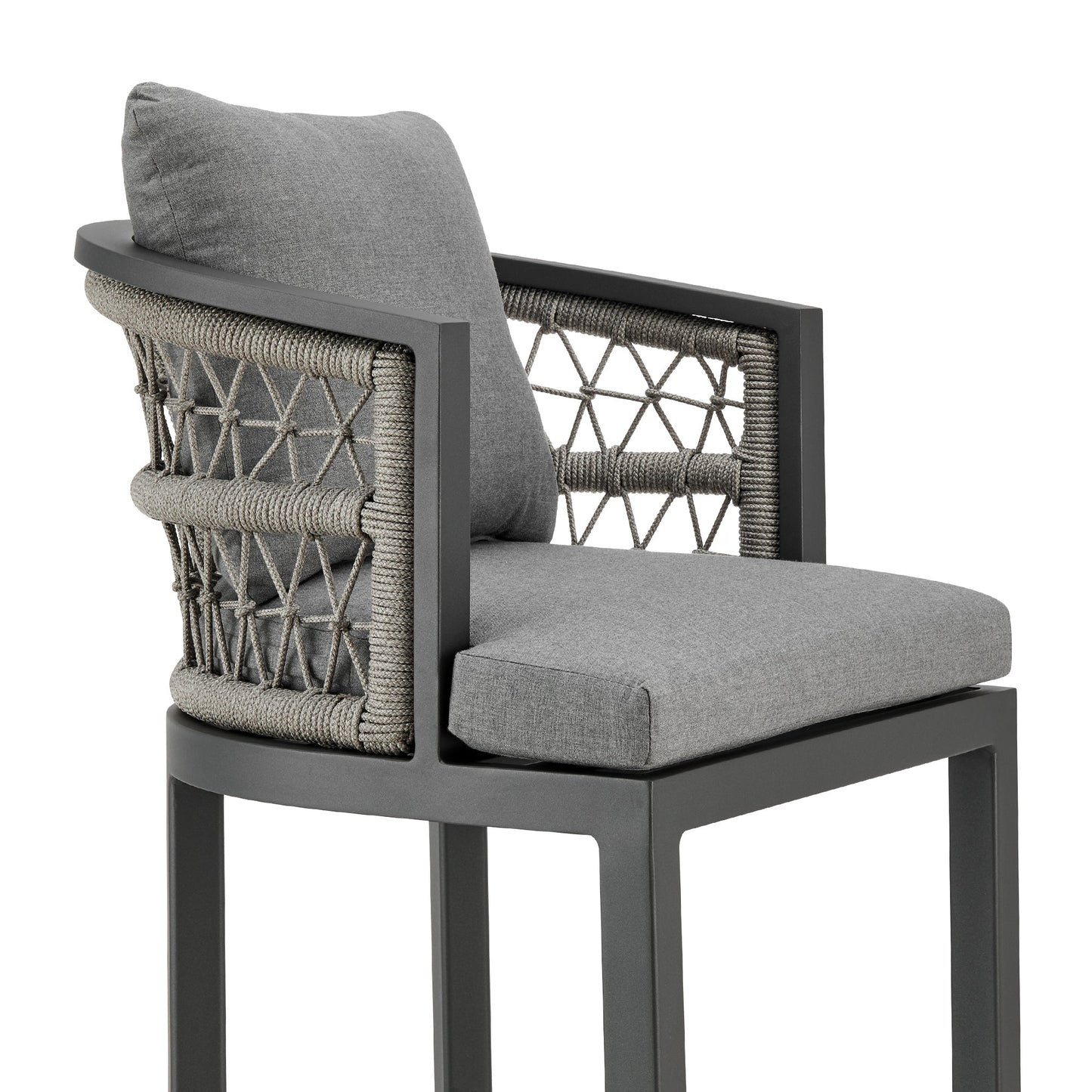 Zella Outdoor Patio Bar Stool in Aluminum with Light Gray Rope and Earl Gray Cushions