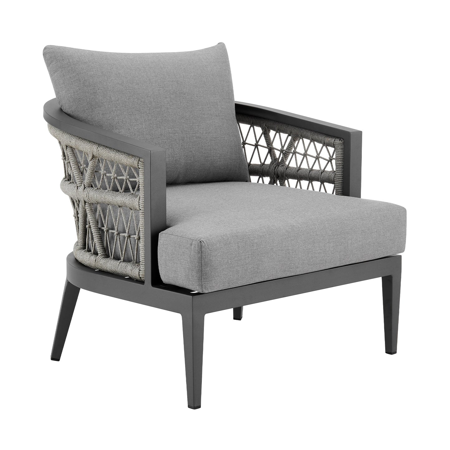 Zella Outdoor Patio Armchair in Aluminum with Light Gray Rope and Earl Gray Cushions