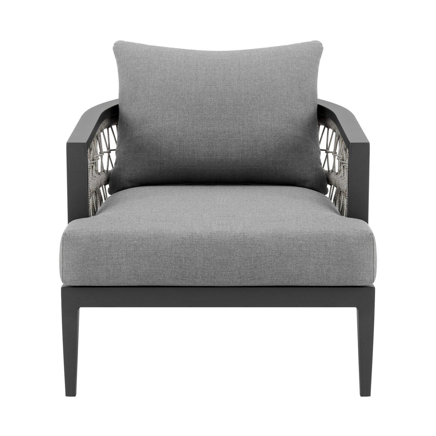 Zella Outdoor Patio Armchair in Aluminum with Light Gray Rope and Earl Gray Cushions