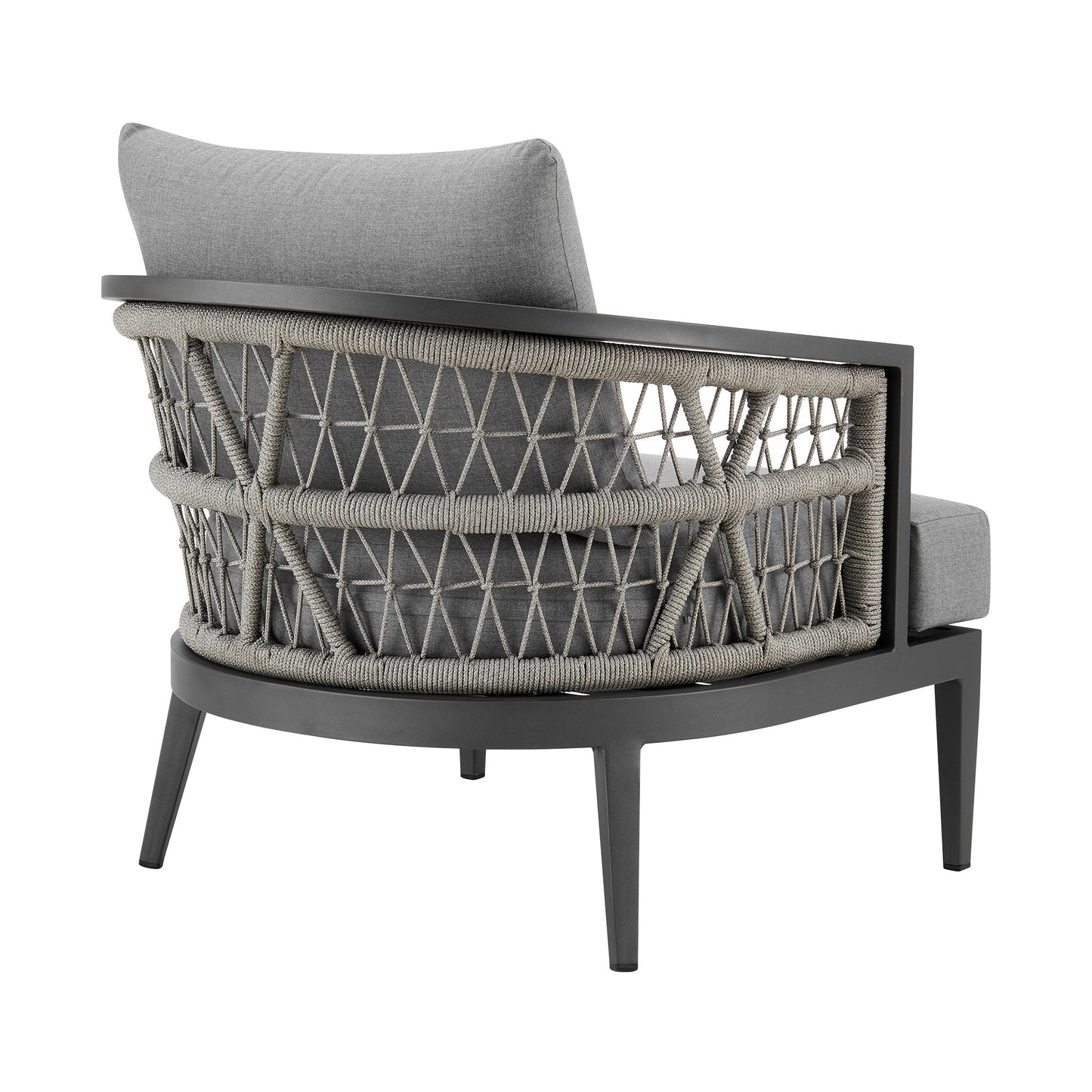 Zella Outdoor Patio Armchair in Aluminum with Light Gray Rope and Earl Gray Cushions