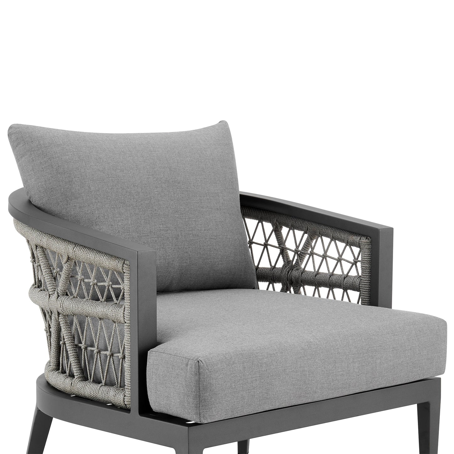 Zella Outdoor Patio Armchair in Aluminum with Light Gray Rope and Earl Gray Cushions