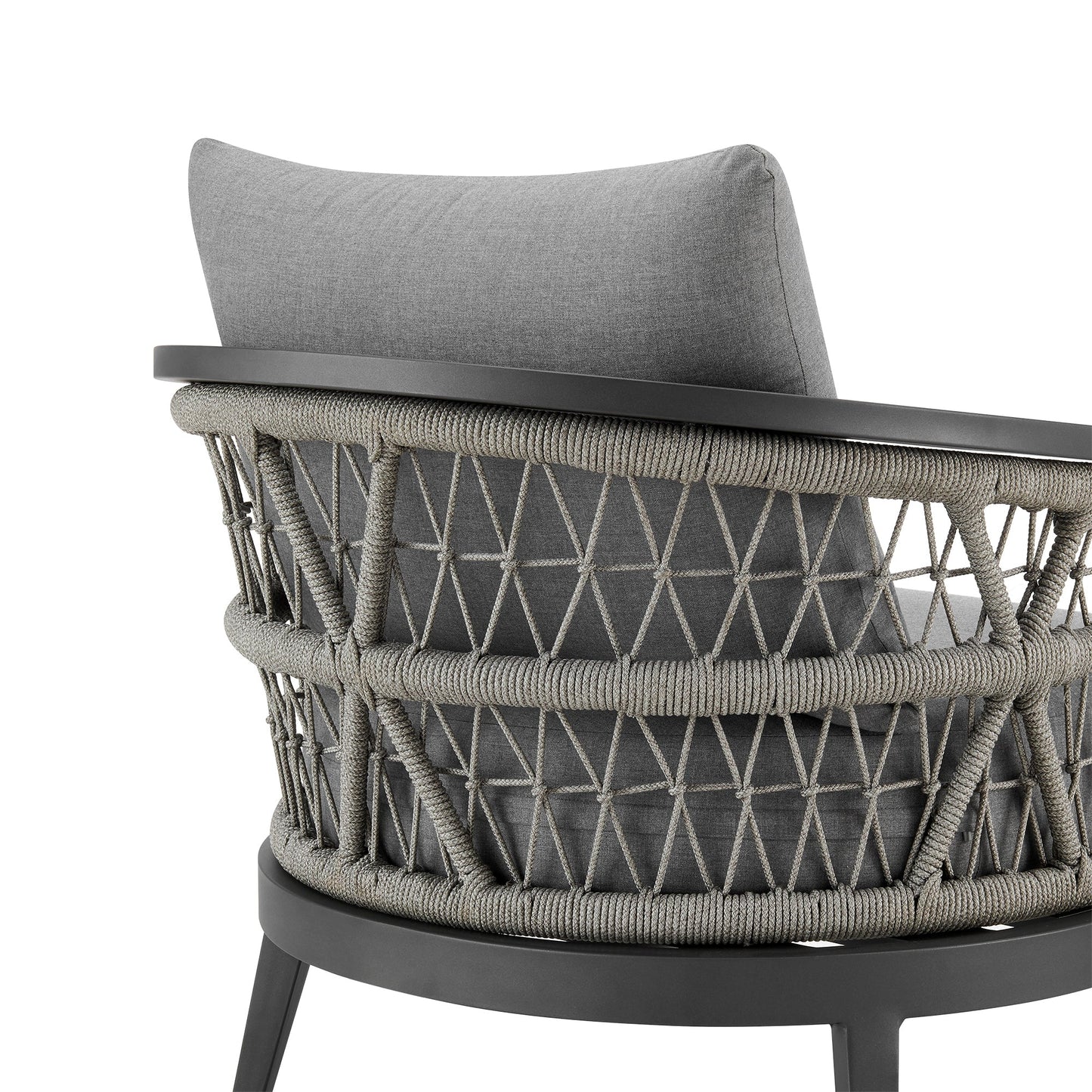 Zella Outdoor Patio Armchair in Aluminum with Light Gray Rope and Earl Gray Cushions