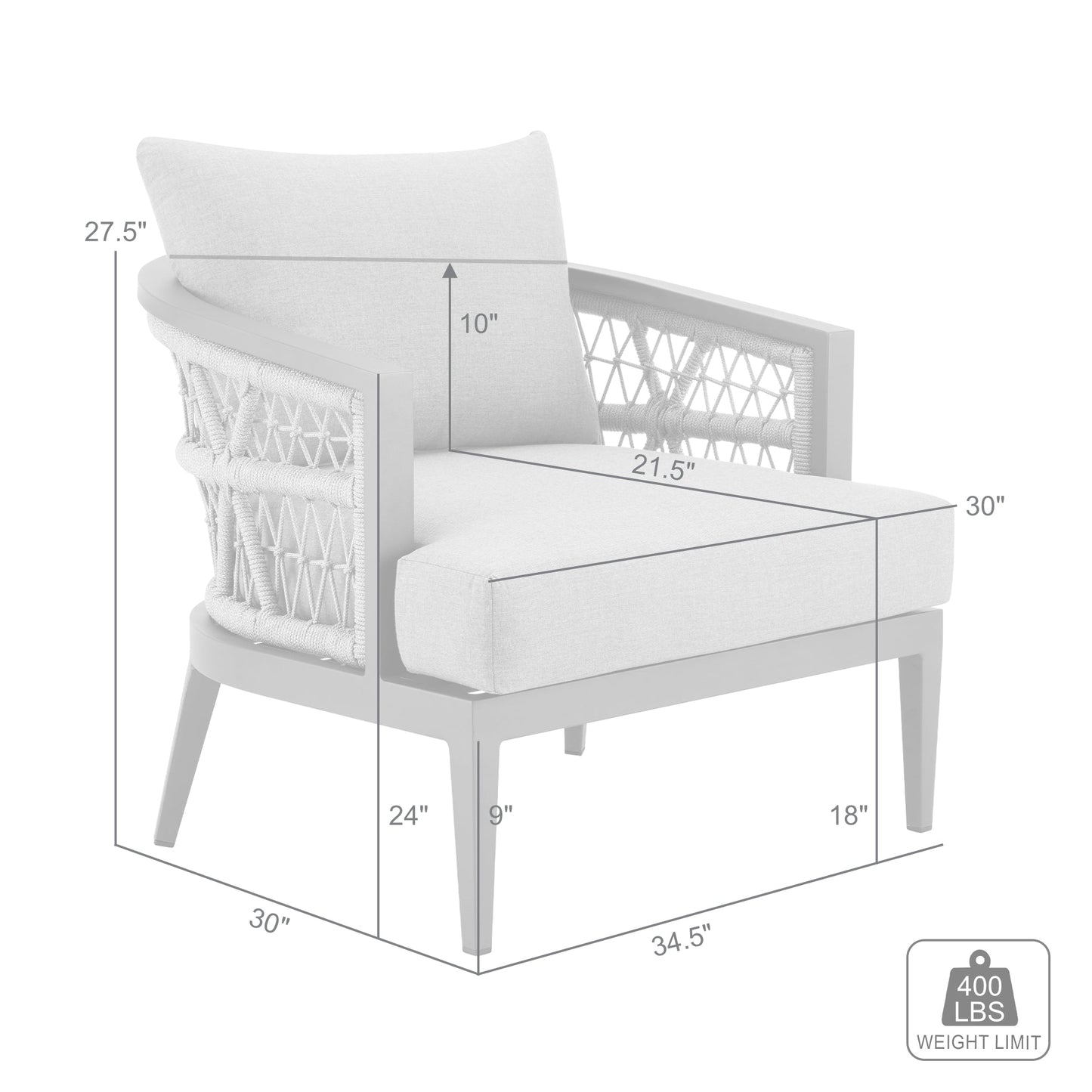 Zella Outdoor Patio Armchair in Aluminum with Light Gray Rope and Earl Gray Cushions