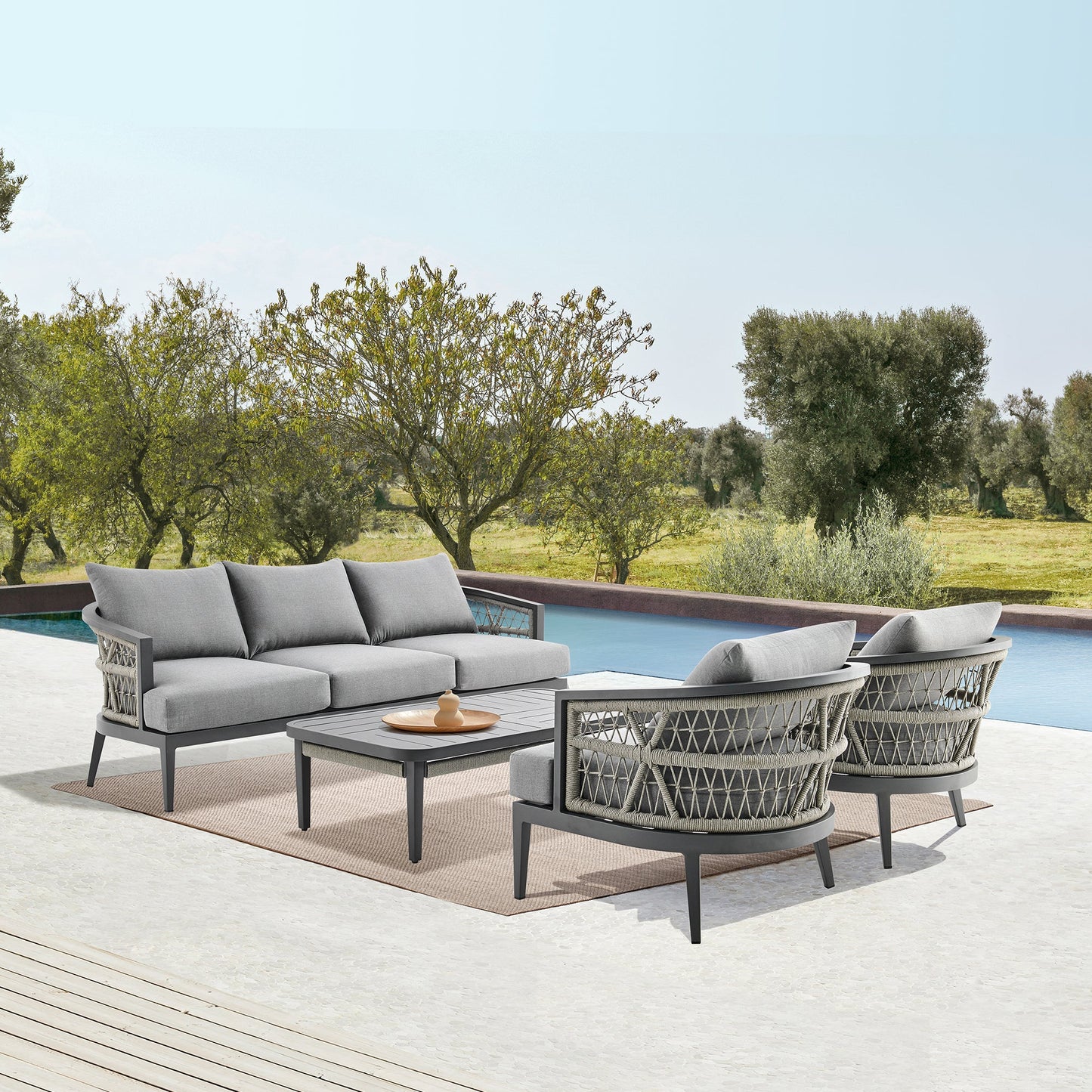 Zella Outdoor Patio Armchair in Aluminum with Light Gray Rope and Earl Gray Cushions