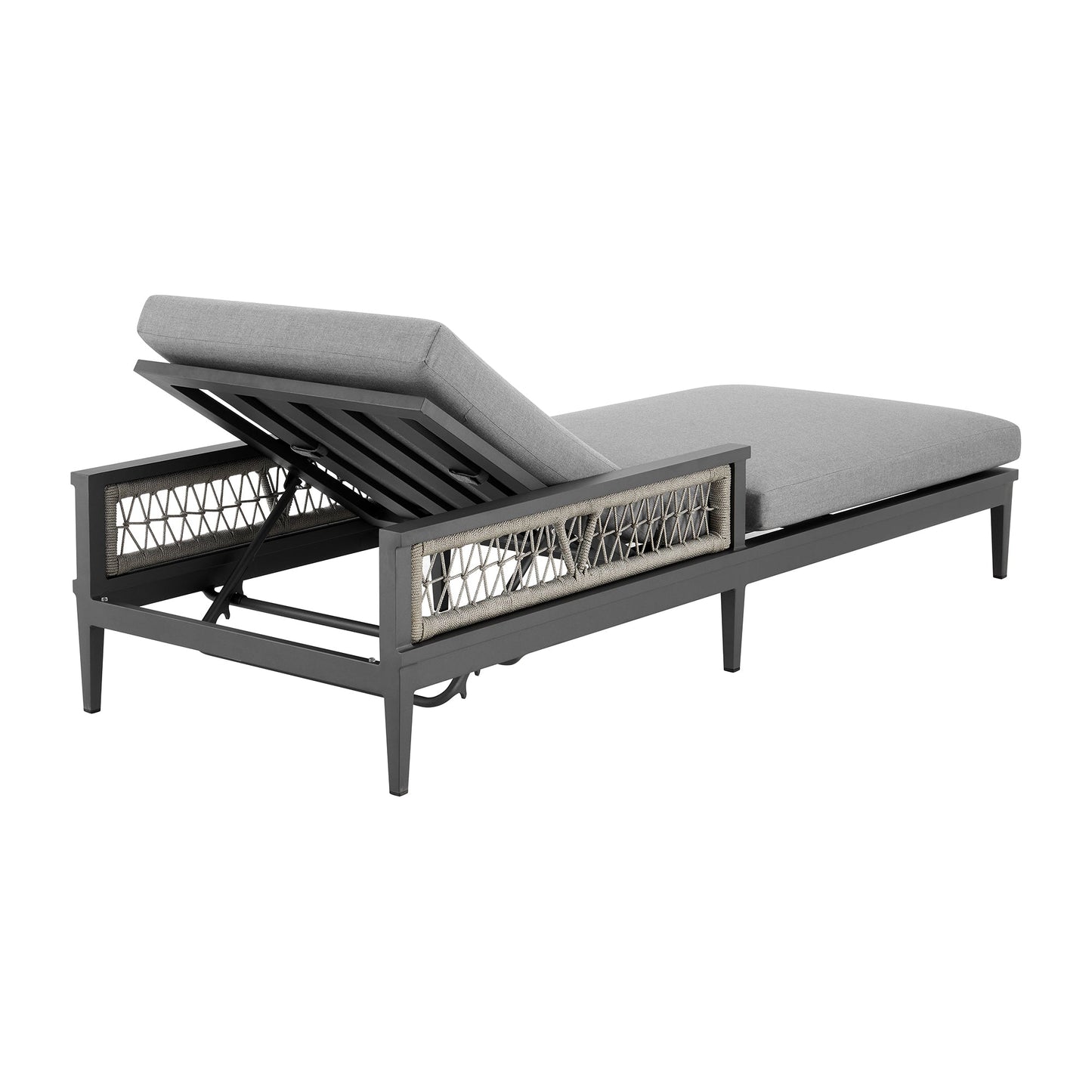 Zella Outdoor Patio Chaise Lounge Chair in Aluminum with Gray Rope and Earl Gray Cushions