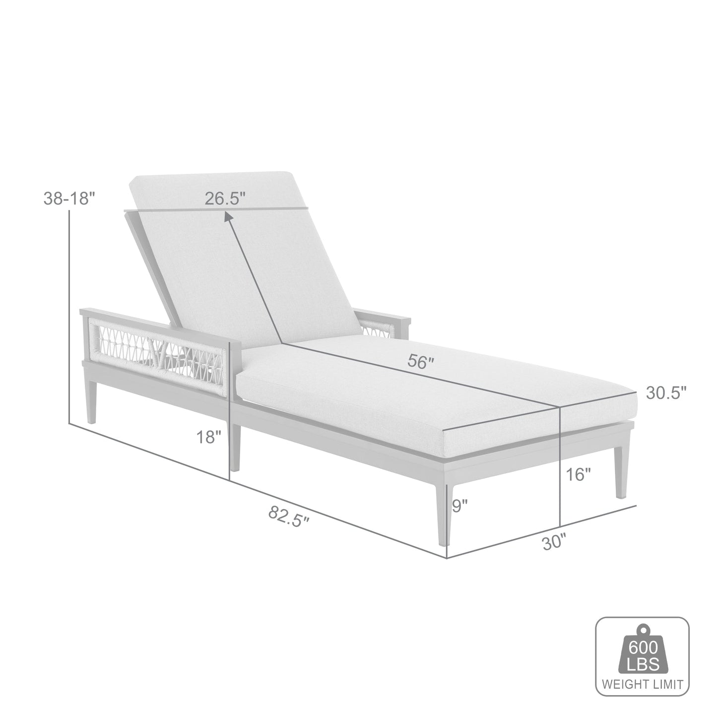 Zella Outdoor Patio Chaise Lounge Chair in Aluminum with Gray Rope and Earl Gray Cushions