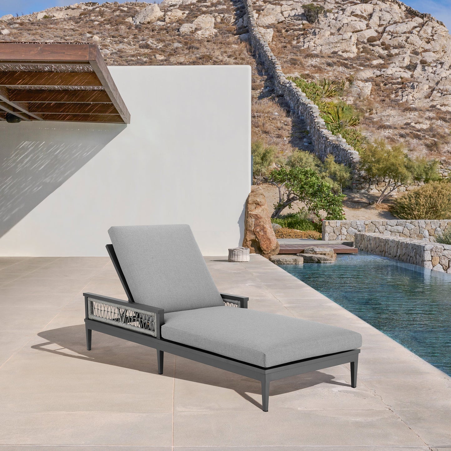 Zella Outdoor Patio Chaise Lounge Chair in Aluminum with Gray Rope and Earl Gray Cushions