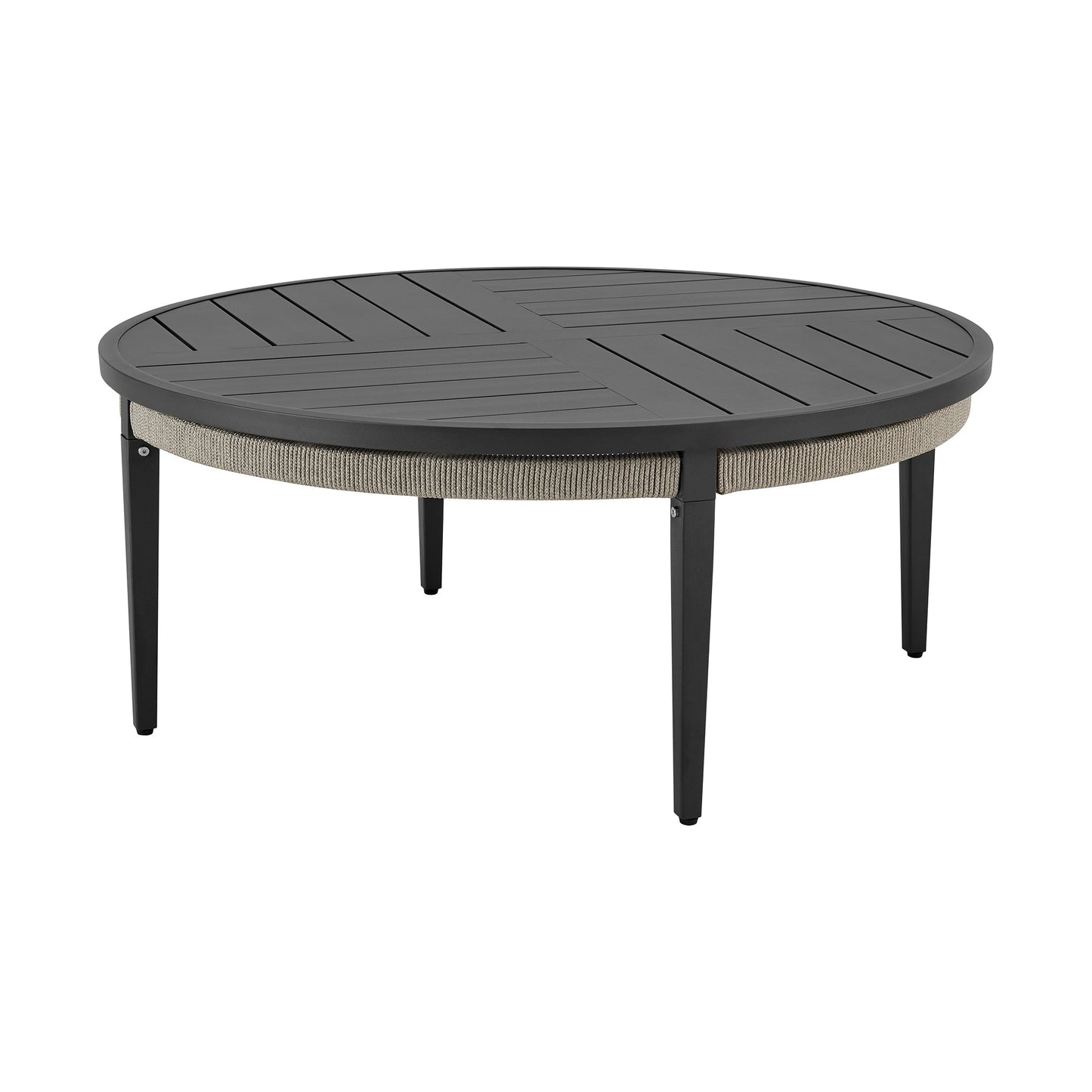 Zella Round Coffee Table in Aluminum with Charcoal Finish and Light Gray Rope